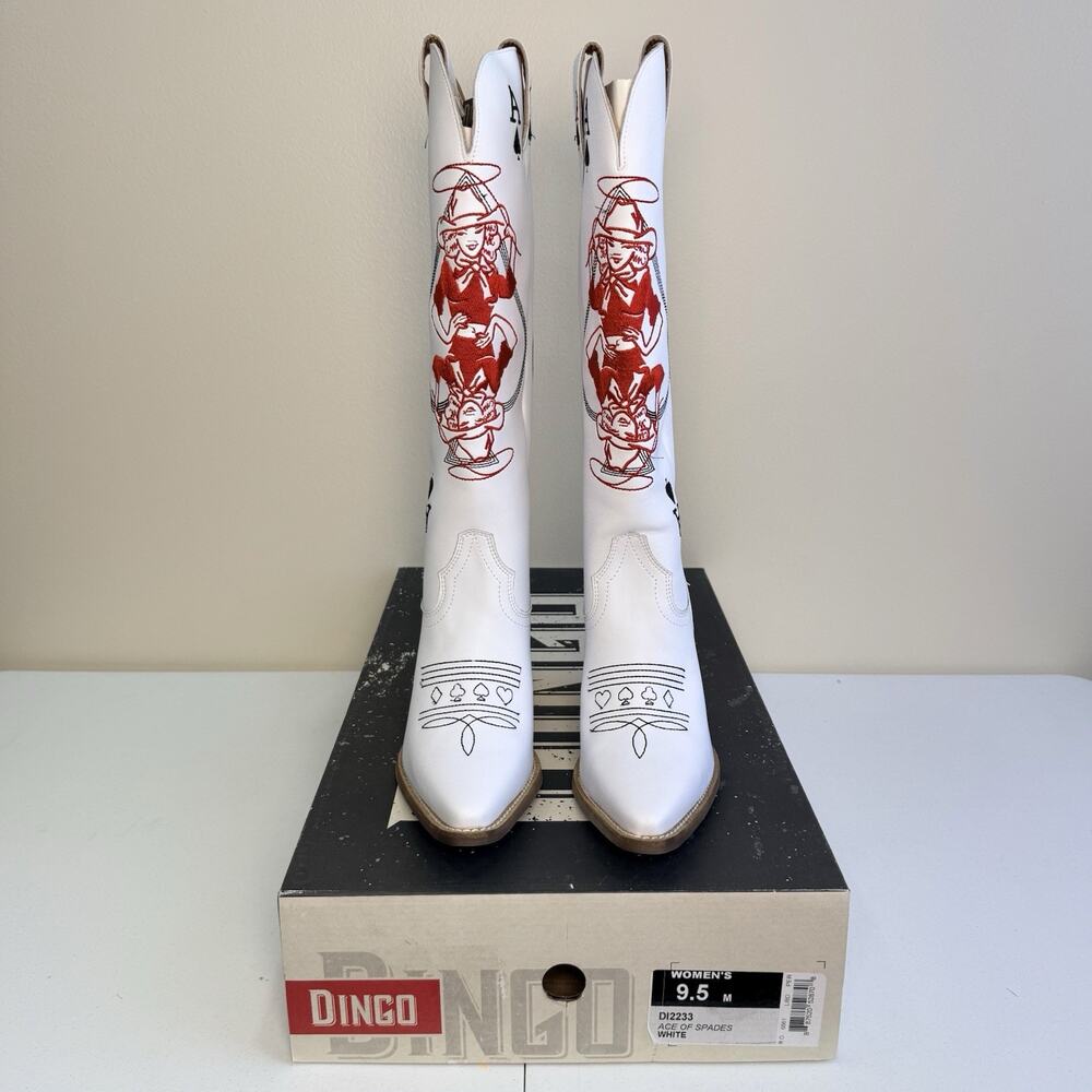 Dingo Womens 9.5 Ace Of Spades White Leather Embroidered Western Cowboy Boots - Picture 7 of 10